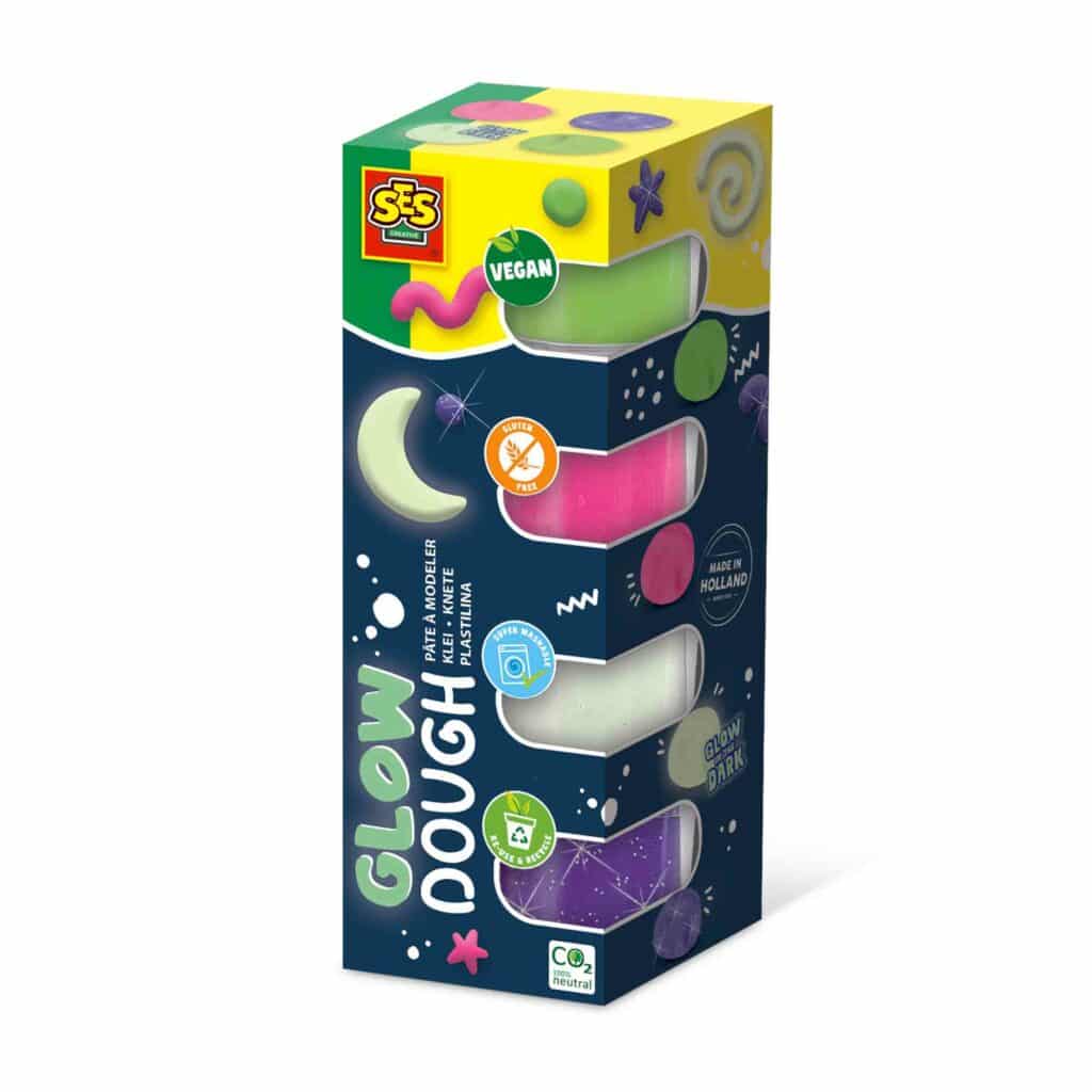 SES - Feel good klei - Glow (4x90gr) - vegan en glutenvrij - herbruikbare potjes - uitwasbaar - glow in the dark, neon en glitter klei
