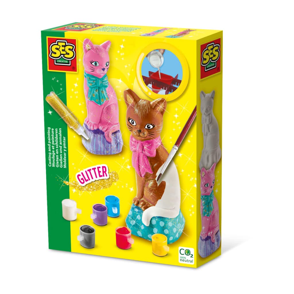 SES - Gieten en schilderen - Kat - met latex 3D gietmal - sneldrogend gips - met 6 kleuren verf en glitterlijm