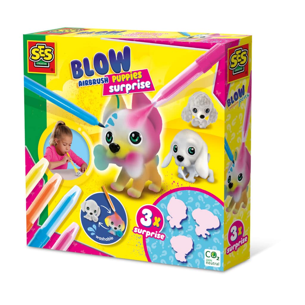 SES - Blow airbrush pens - Puppy's surprise 3x - verzamel ze allemaal - maak mooie kleurovergangen - met 4 blow airbrush pennen - knutselen meisjes