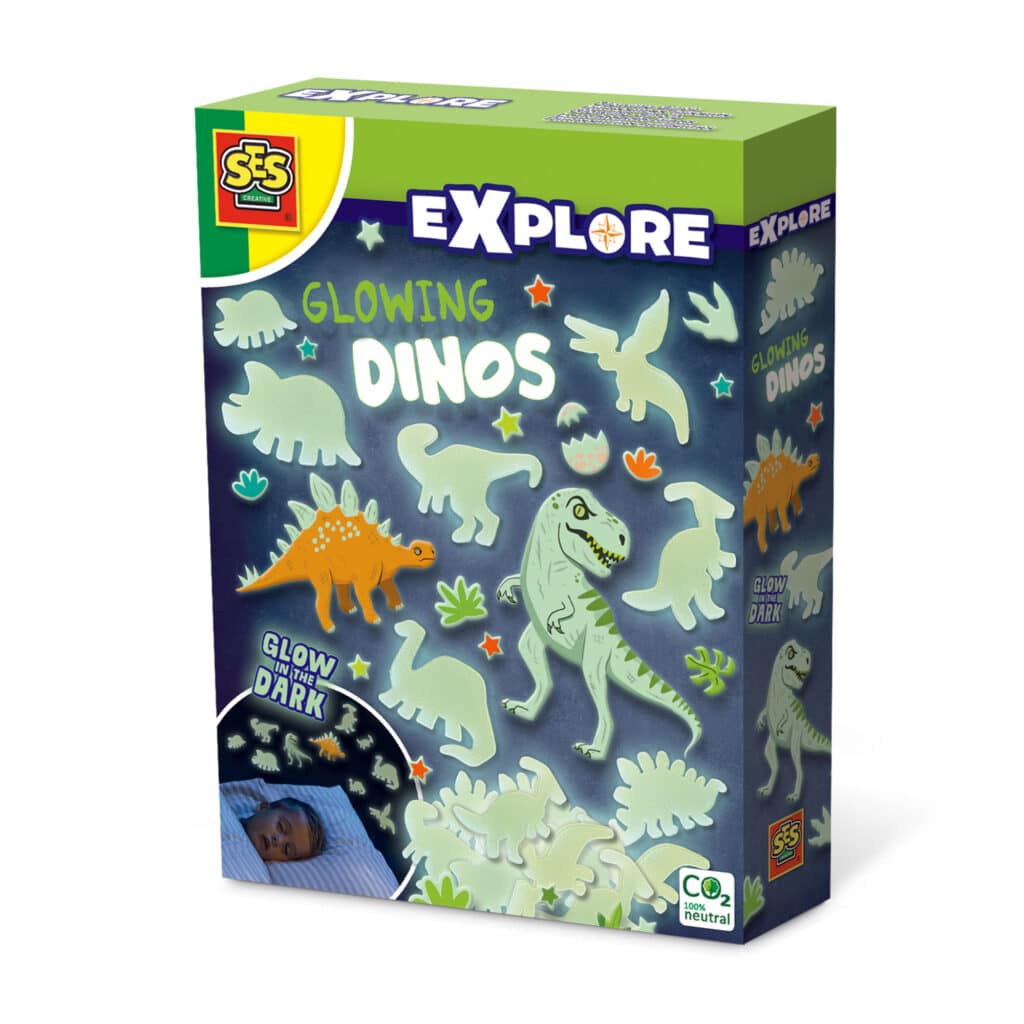 SES Creative - Explore - Glowing dino's - Glow in the dark - 24 dino's om te plakken - Met foam plakkers - Voor een mooi versierde slaapkamer – Dinosaurus