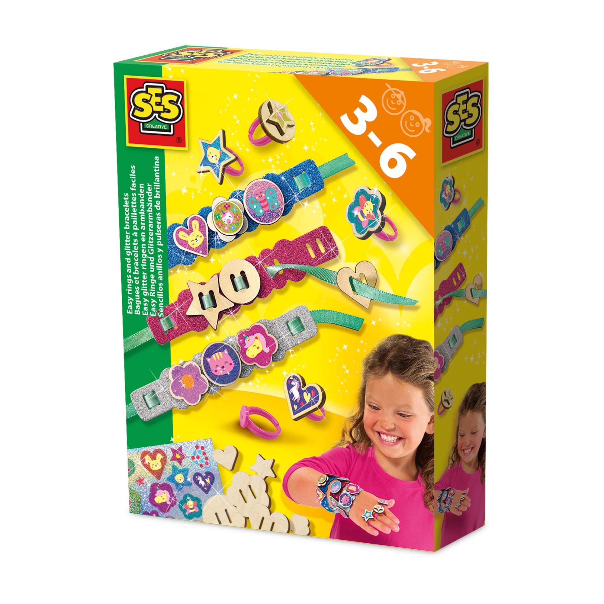 SES Creative - Easy Glitter Ringen en Armbanden - sieraden maken - kunststof kinderringen en houten bedels - met glitter - speelgoed vanaf 3 jaar - Knutselen