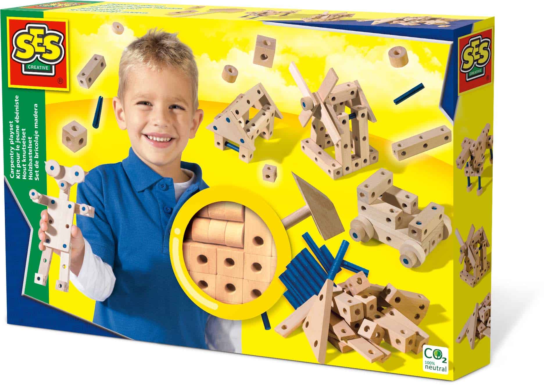 SES Creative – Hout Knutselset – Montessori speelgoed – verschillende houtvormen met verbindingspinnetjes – vanaf 3 jaar